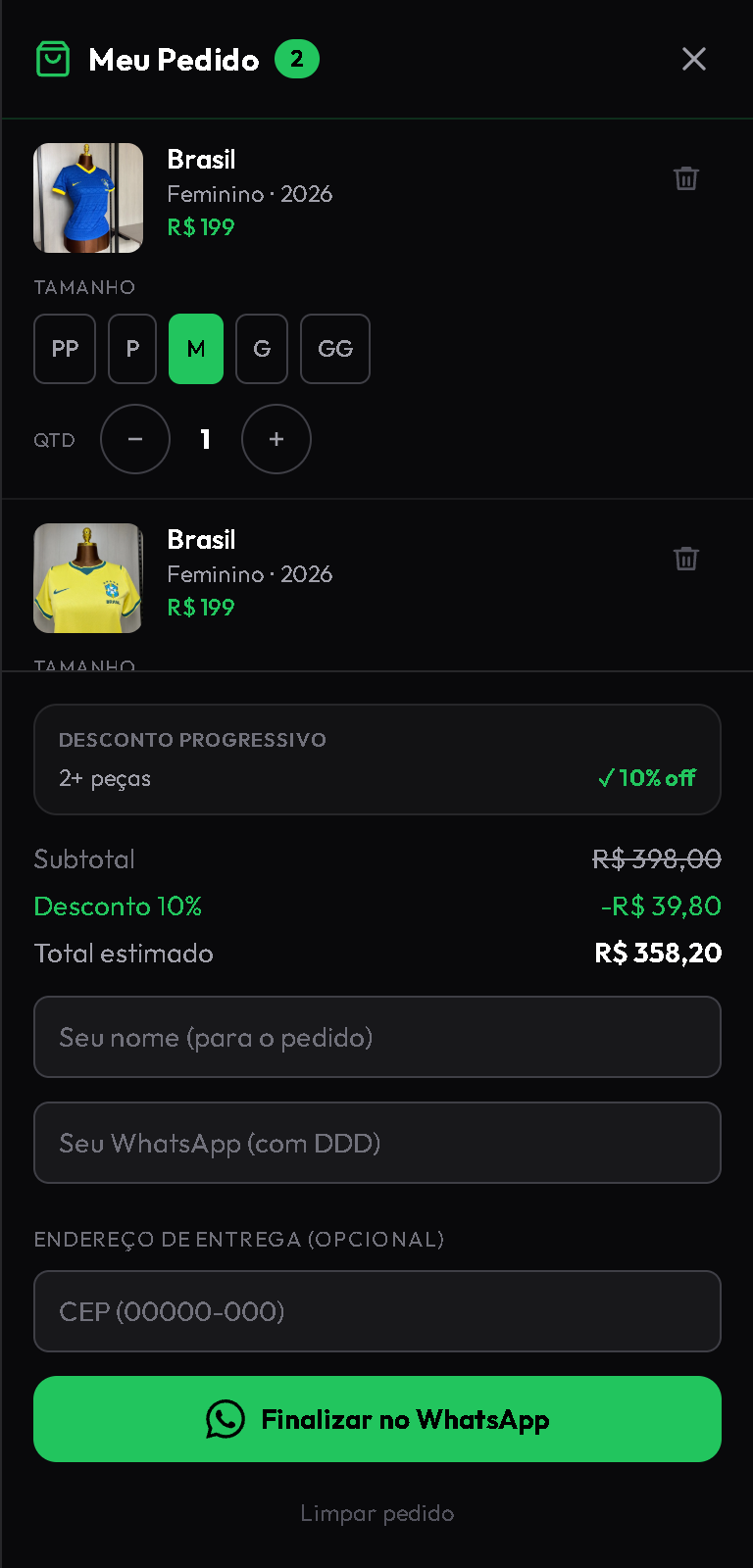 Pedido montado no carrinho, pronto pro WhatsApp